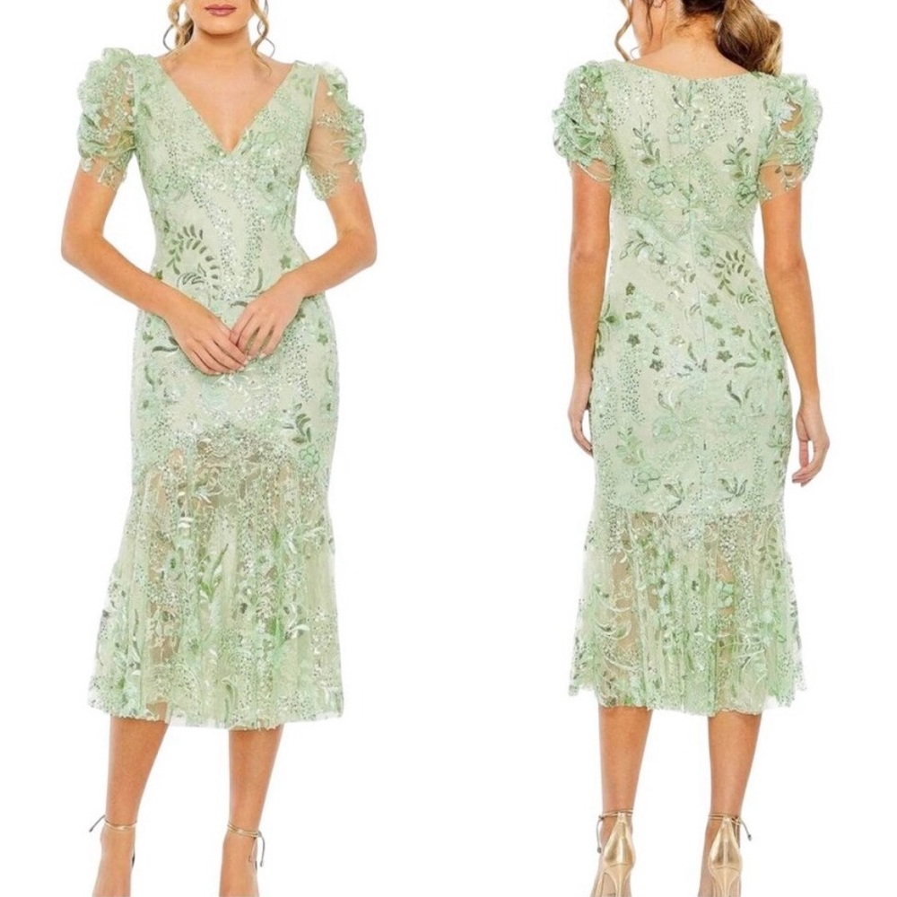 Mac Duggal Light Green Embroidered Midi Dress